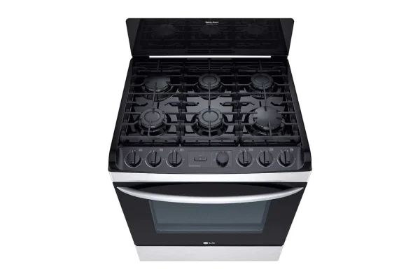 Estufa a gas de 6 quemadores con estructura de color blanco y negro de marca LG