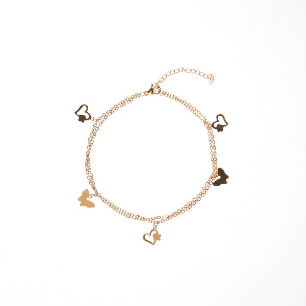 Tobillera Doble cadena con dije de corazón y mariposa
