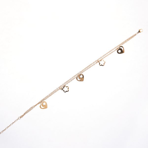 Tobillera de doble cadena con dijes de corazón y flores