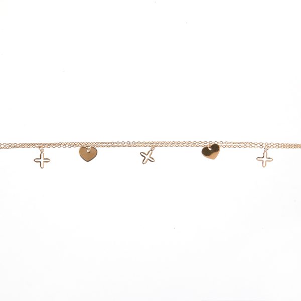 Tobillera de doble cadena con dije de corazón relleno y cruz sin relleno