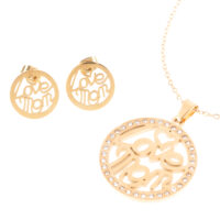 Set de aretes y cadena con dije redondo Love mom