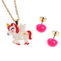 Juego de aretes y cadenas con dije de unicornio